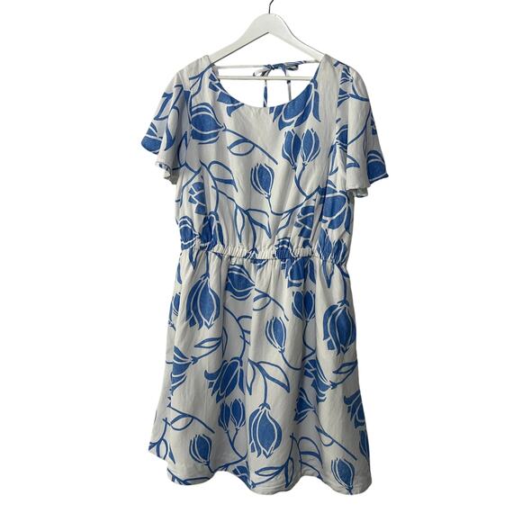 Lane Bryant Womens Plus Size 18 Flutter-Sleeve Tie-Back Linen Dress Blue White - Picture 2 of 13